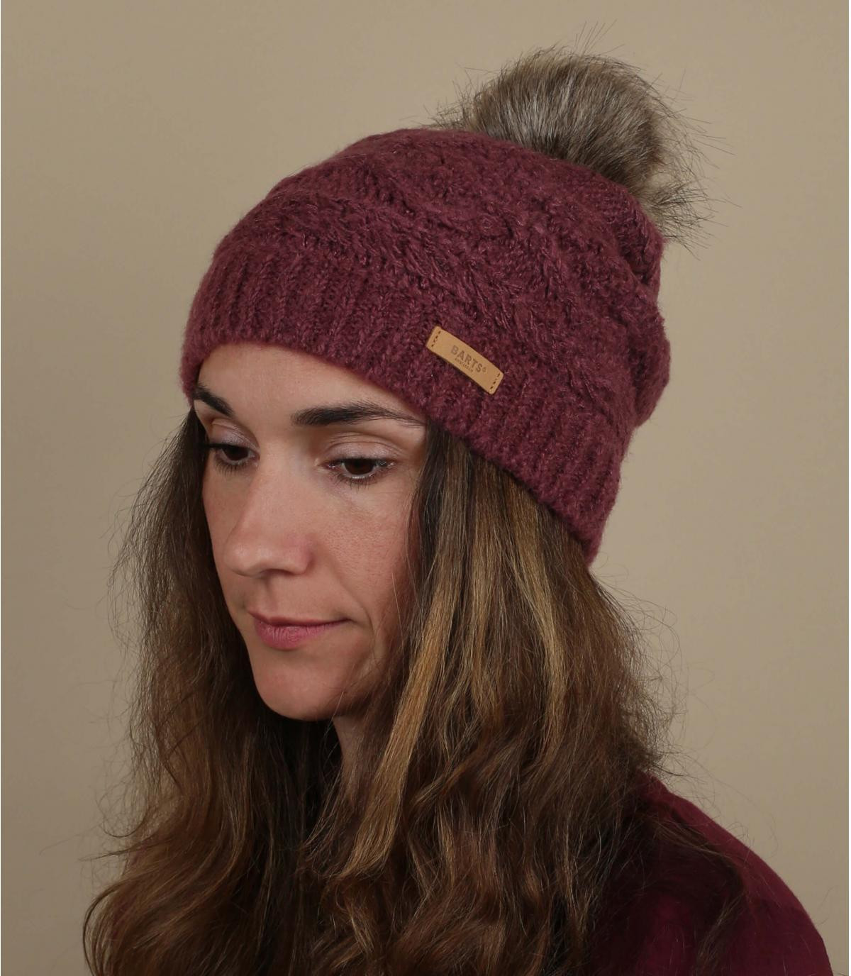 gorro granate pompón pelo Antonia Beanie maroon